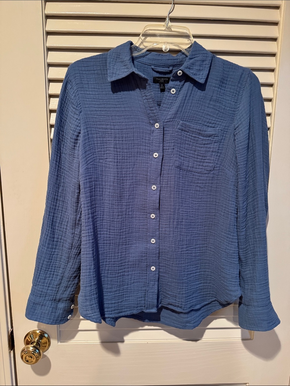 Talbots Small Petite Light Blue Textured Button-Up Top With Tab Sleeve - Picture 5 of 8